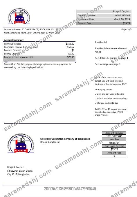 Bangladesh Electricity Generation Company of Bangladesh business utility bill template in Word and PDF format